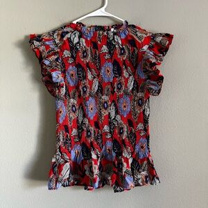 THML flutter sleeve red‎ floral cinched blouse size medium